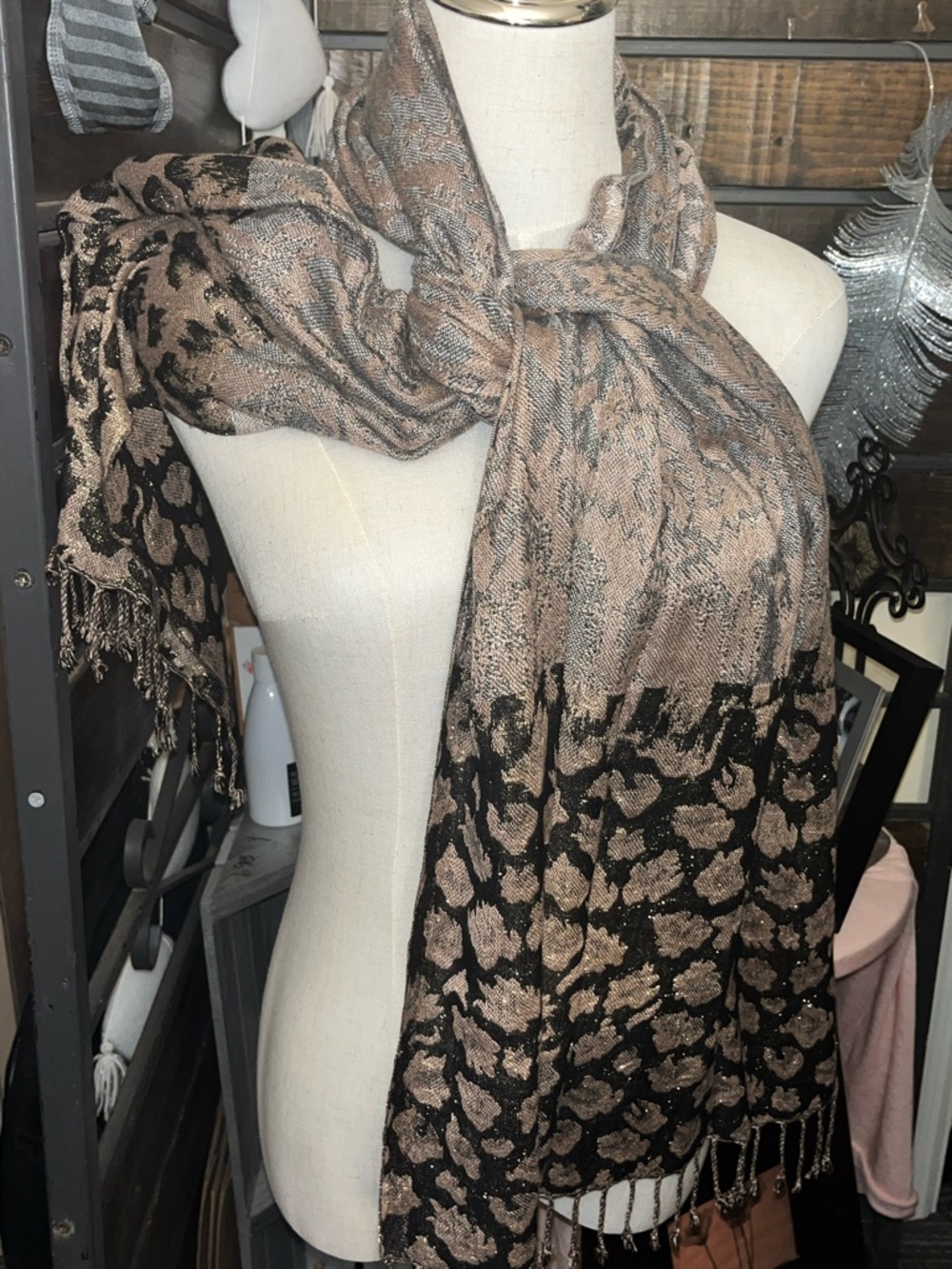 Cejon Black and Gold Metallic Floral Leopard Scarf